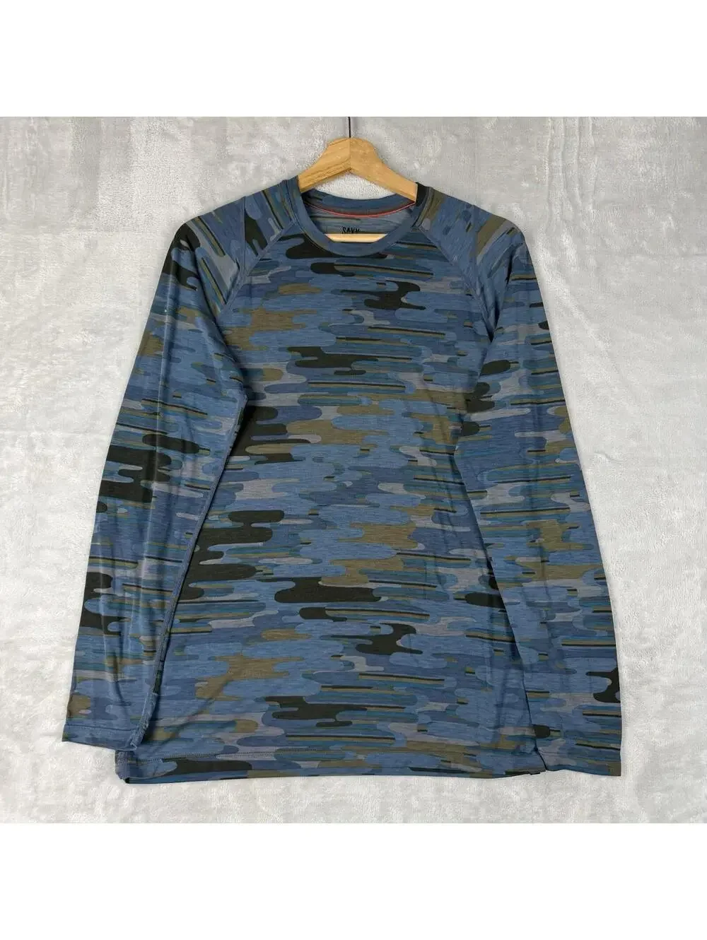 SAXX Viewfinder Merino Wool Blend Camo Base Layer Shirt Blue Mens S Outdoor Hike